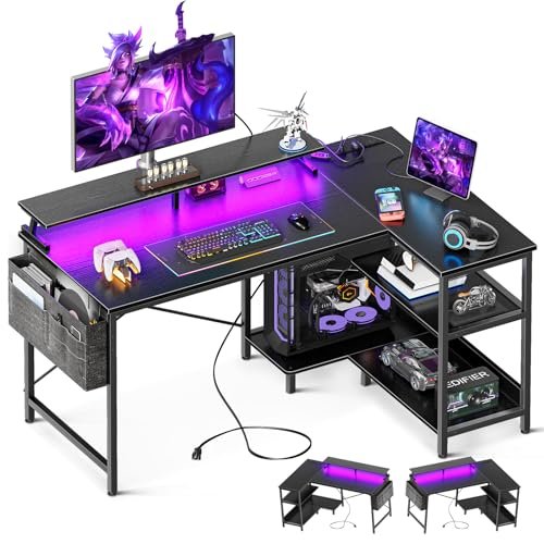 ODK 48 Inch Gaming Desk with USB Charging Ports and LED Lights, Reversible L Shaped Computer Desk with Storage Shelves & Monitor Stand, Corner Gamer Desk Table with Power Outlets, Black